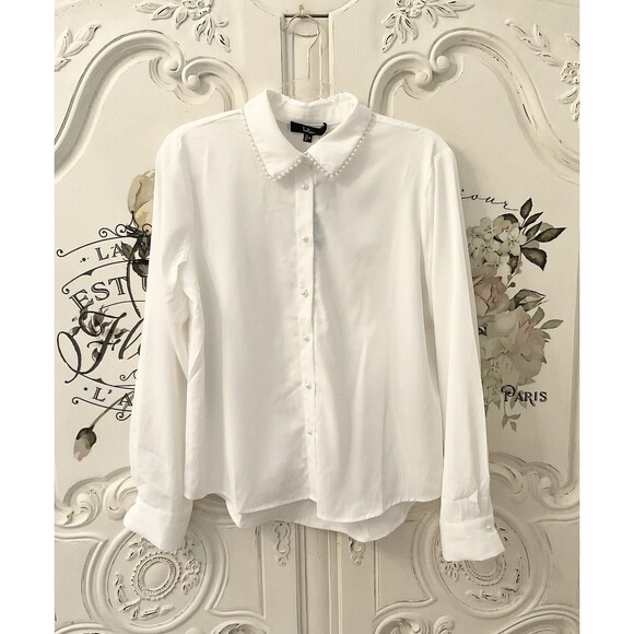 Lulu’s Upscale Composure Blouse Women's S White Pearl Trim Long Sleeve NWT - Picture 6 of 13